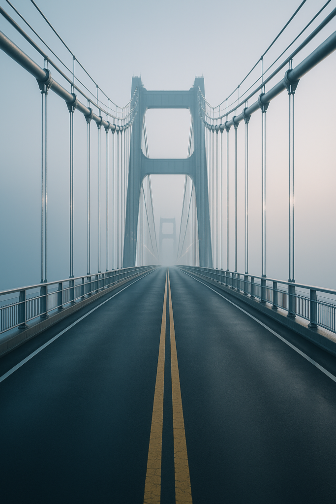 Brücke im Nebel als Sinnbild für den Weg von der Planung in die Umsetzung
