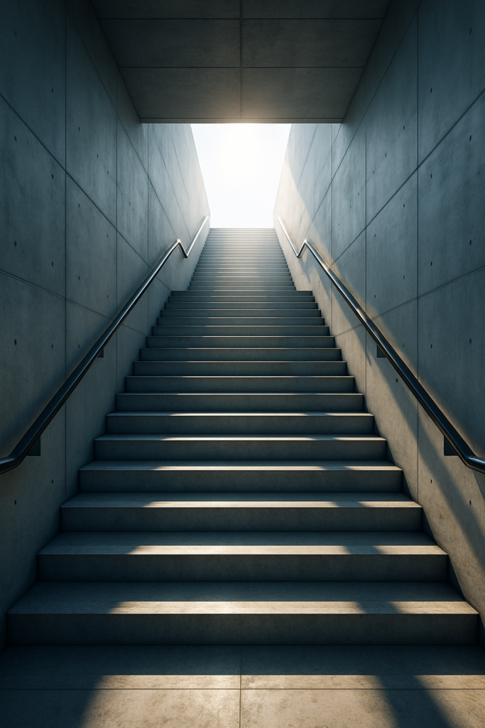 Treppenaufgang aus Beton mit Licht am Ende als Sinnbild für eine Schritt-für-Schritt-Umsetzung