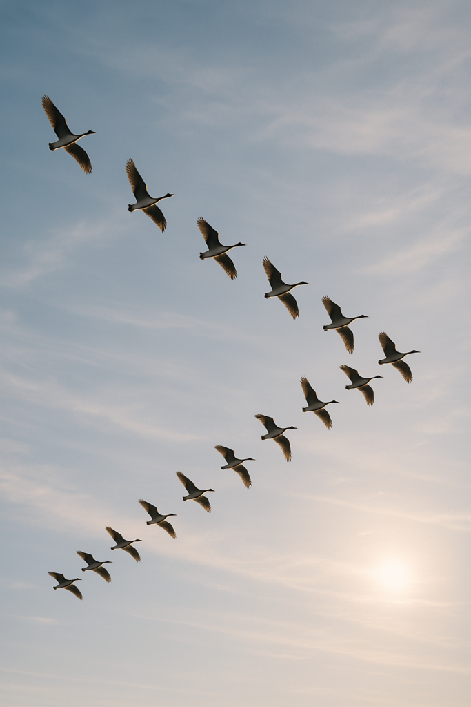 Vögel fliegen in Formation als Sinnbild für eine abgestimmte Organisation